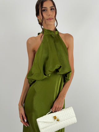 Abito Satin con Top a Balza Verde Oliva