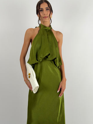 Abito Satin con Top a Balza Verde Oliva