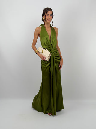 Abito Lungo Scollo a V con Drappeggio Verde Oliva