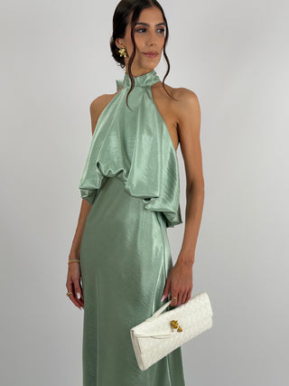 Abito Satin con Top a Balza Verde Salvia