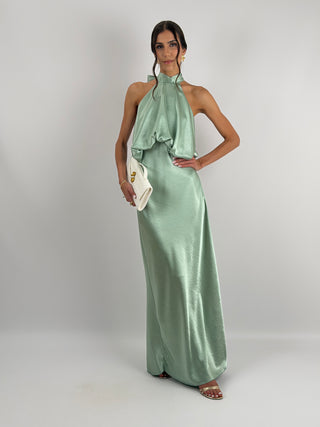 Abito Satin con Top a Balza Verde Salvia