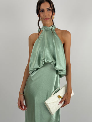 Abito Satin con Top a Balza Verde Salvia