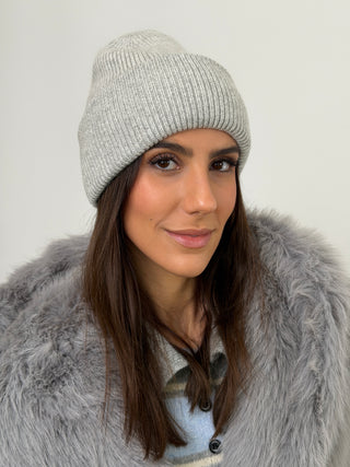 Berretto a Costine con Cashmere Grigio Chiaro