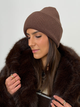 Berretto a Costine con Cashmere Marrone