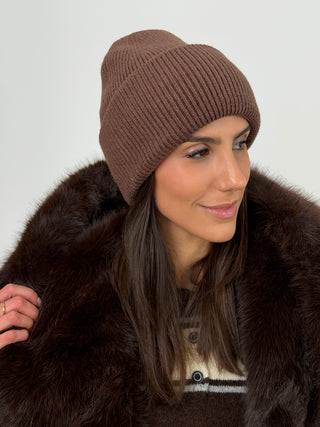 Berretto a Costine con Cashmere Marrone