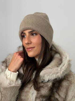 Berretto a Costine con Cashmere Sabbia