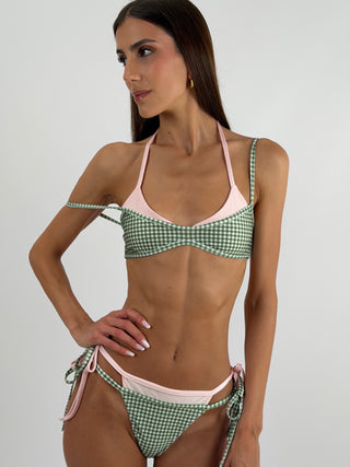 Bikini a Quadretti Verde - Bikini verde, costume due pezzi con top effetto doppio strato e slip a brasiliana in fantasia a quadri. | Paloma Store
