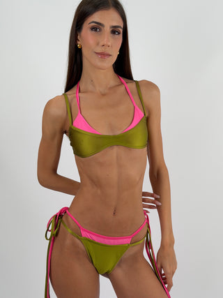 Bikini Double Verde e Fucsia - Bikini verde e fucsia, costume due pezzi con top a doppio tessuto e slip brasiliana con laccetti. | Paloma Store