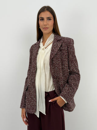 Blazer in Tweed Bordeaux - Blazer monopetto bordeaux in tweed con revers, bottone centrale e fodera interna. | Paloma Store