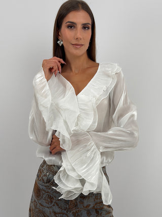 Blusa Bianca in Chiffon Scollo V Volant - Blusa bianca in chiffon semitrasparente con scollo a V, volant frontali e sui polsi ed elastico sul fondo. | Paloma Store
