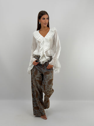 Blusa Bianca in Chiffon Scollo V Volant