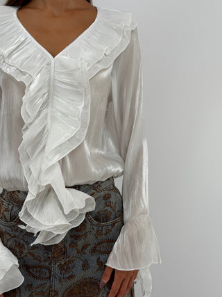 Blusa Bianca in Chiffon Scollo V Volant