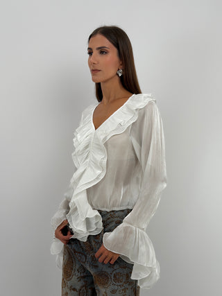 Blusa Bianca in Chiffon Scollo V Volant