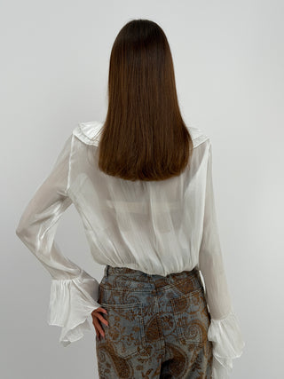 Blusa Bianca in Chiffon Scollo V Volant