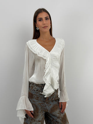 Blusa Bianca in Chiffon Scollo V Volant