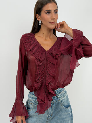 Blusa Bordeaux in Chiffon Scollo V Volant - Blusa bordeaux in chiffon semitrasparente con scollo a V, volant frontali e sui polsi ed elastico sul fondo. | Paloma Store