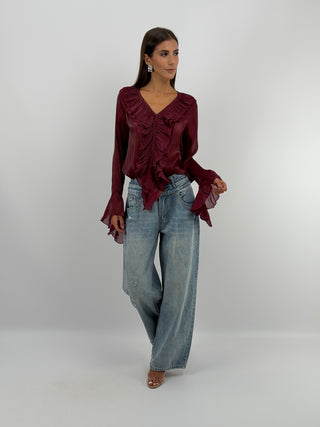 Blusa Bordeaux in Chiffon Scollo V Volant