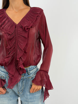 Blusa Bordeaux in Chiffon Scollo V Volant