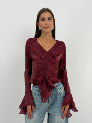 Blusa Bordeaux in Chiffon Scollo V Volant