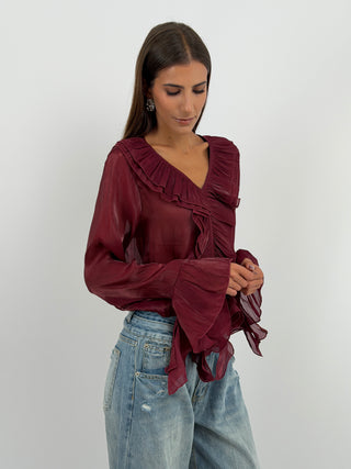 Blusa Bordeaux in Chiffon Scollo V Volant