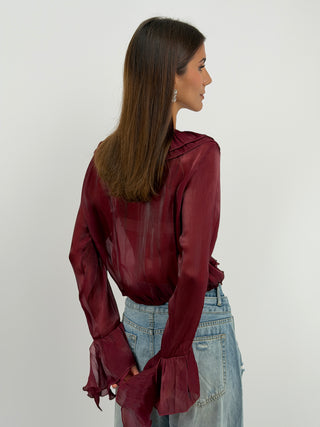 Blusa Bordeaux in Chiffon Scollo V Volant