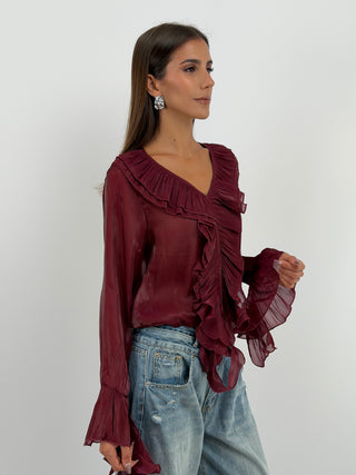 Blusa Bordeaux in Chiffon Scollo V Volant