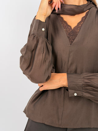 Blusa con Pizzo e Lacci Marrone