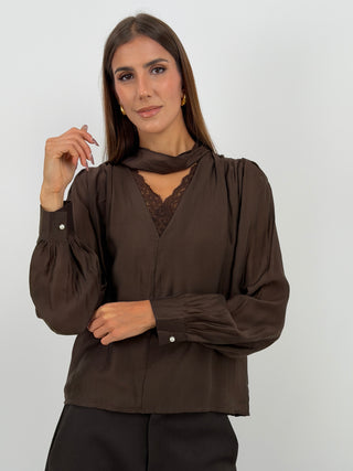 Blusa con Pizzo e Lacci Marrone