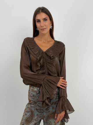 Blusa Marrone in Chiffon Scollo V Volant - Blusa marrone in chiffon semitrasparente con scollo a V, volant frontali e sui polsi ed elastico sul fondo. | Paloma Store