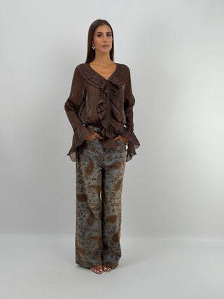 Blusa Marrone in Chiffon Scollo V Volant