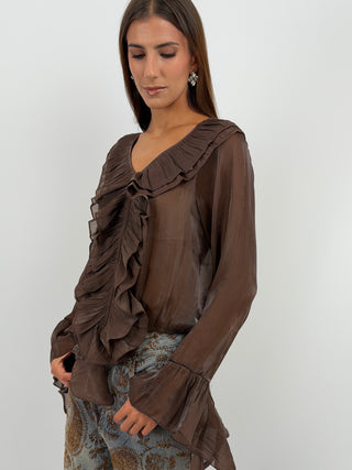Blusa Marrone in Chiffon Scollo V Volant