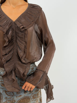 Blusa Marrone in Chiffon Scollo V Volant