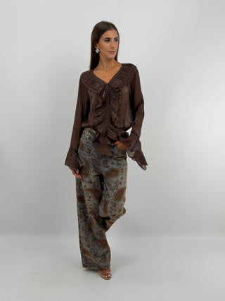 Blusa Marrone in Chiffon Scollo V Volant