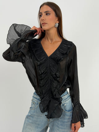 Blusa Nera in Chiffon Scollo V Volant - Blusa nera in chiffon semitrasparente con scollo a V, volant frontali e sui polsi ed elastico sul fondo. | Paloma Store