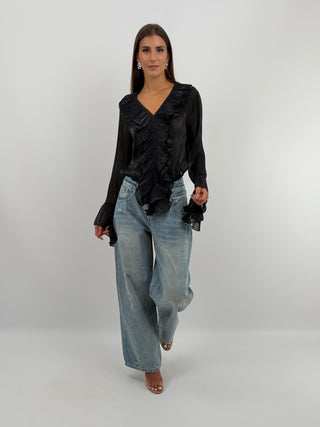 Blusa Nera in Chiffon Scollo V Volant