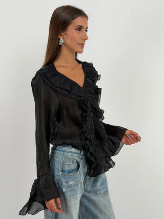 Blusa Nera in Chiffon Scollo V Volant