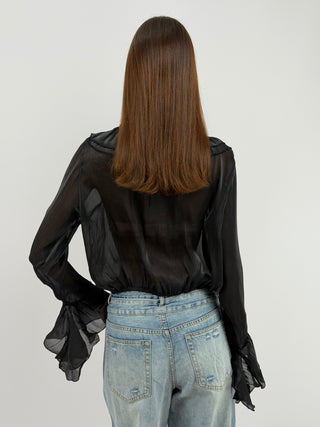 Blusa Nera in Chiffon Scollo V Volant