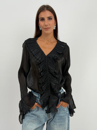 Blusa Nera in Chiffon Scollo V Volant