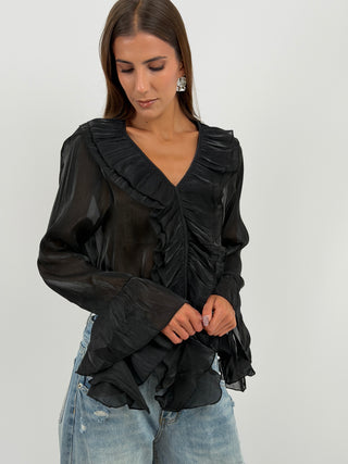 Blusa Nera in Chiffon Scollo V Volant