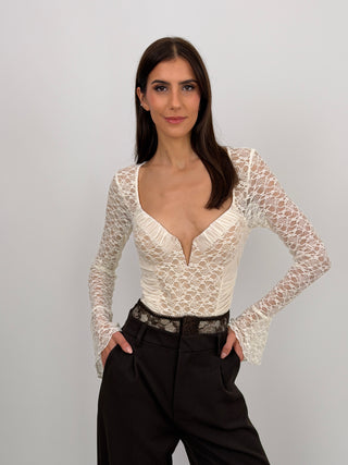 Body con Arricciature e Pizzo Bianco