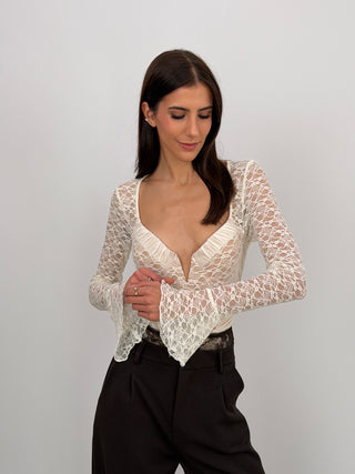 Body con Arricciature e Pizzo Bianco