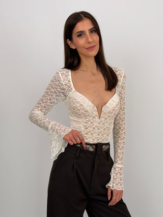 Body con Arricciature e Pizzo Bianco