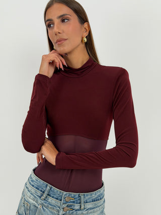 Body Maniche Lunghe con Tulle Bordeaux Lumina