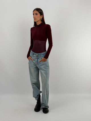 Body Maniche Lunghe con Tulle Bordeaux Lumina