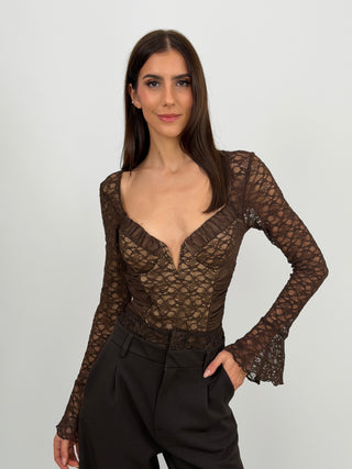 Body con Arricciature e Pizzo Marrone