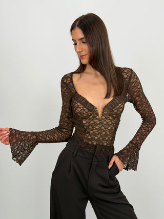 Body con Arricciature e Pizzo Marrone