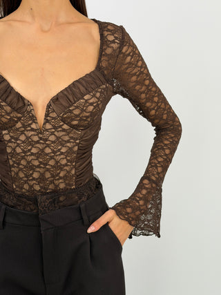 Body con Arricciature e Pizzo Marrone