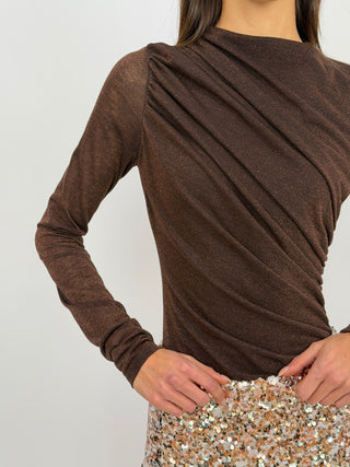 Body Lumina in Lurex con Arricciature Marrone