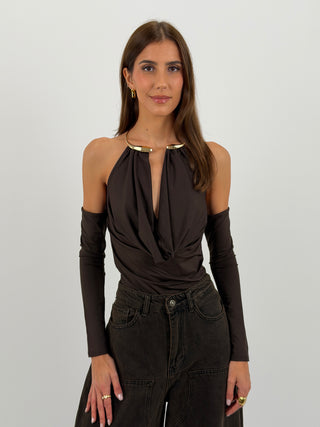 Body con Maniche e Collarino Gioiello Marrone