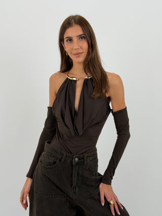 Body con Maniche e Collarino Gioiello Marrone